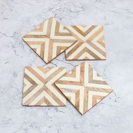 Brown & White Coloured Pattern Wooden Coasters - Pack of 4